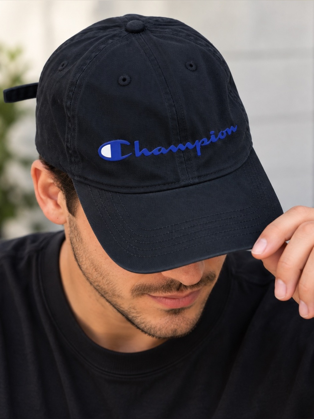 Champion Black Cap with Blue Script Logo